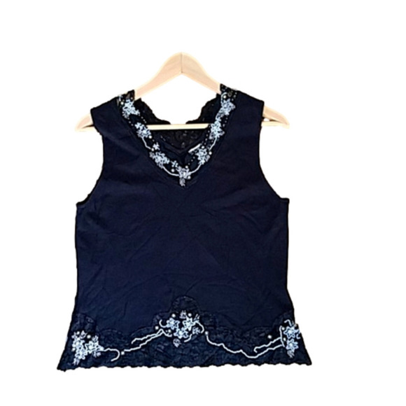Victor Costa Floral Embroidery Black Beaded Embellished Laced V Neck Y2K Top - Picture 2 of 14